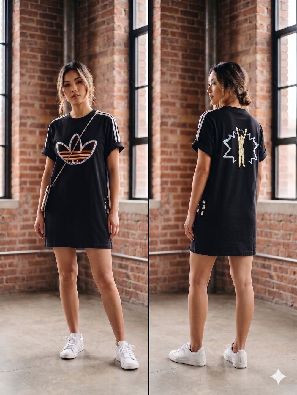 Rare adidas Originals "Love Unites" Pride T-Shirt Dress Lrg Black Pop Art Doodle